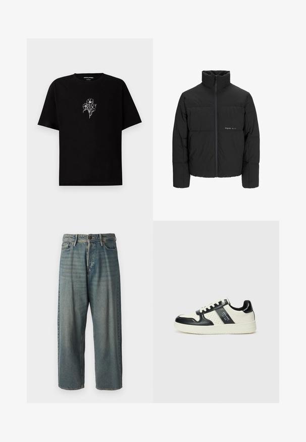 Svart boblejakke med høy krage, frontåpning med glidelås og kviltet design. Glatt stoff med en subtil logo på brystet.; Svart bomull T-skjorte med rund hals og korte ermer. Har hvit blomsterbroderi på brystet. Myk tekstur, avslappet passform.; Lyseblå denimjeans med løs passform, midjehøyde og rette ben. Har fem lommer, beltehemper og knappelukking.; Lædersneakers med sort og creme farveskema, der har perforerede detaljer, en polstret krave og en struktureret ydersål.