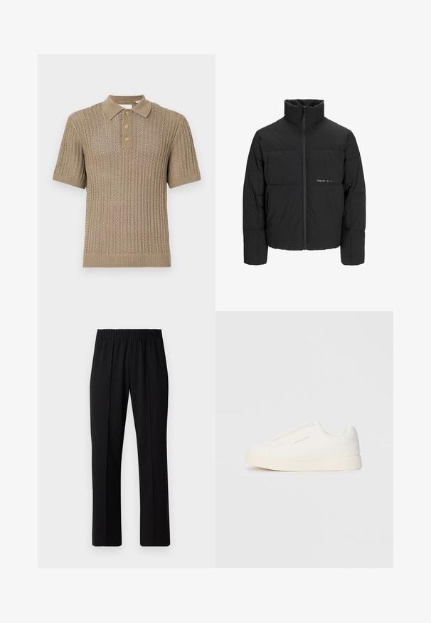 Mustra musta puffer-jakk, millel on kõrge krae, eesne tõmblukku ja tikandiga disain. Sile kangas, millel on rindkeres diskreetne logo.; Bež kudumisega polo särk lühikeste varrukatega, millel on tekstuuriga muster, soonik serv ja kolm pruuni nööpi kaelusel.; Mustad, elastse puusärgid sirge säärega, mis on sileda tekstuuriga ja ilma nähtavate mustrite või riistadega.; Valged libisemiskindlad tossud tekstuuriga pinnaga, paksu tallaga ja minimalistikus disainis. Küljel on brändi logo.