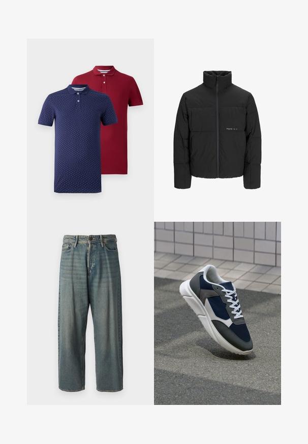 Black puffer jacket featuring a high collar, front zip closure, and quilted design. Smooth fabric with a subtle logo on the chest.; Two short-sleeve polo shirts, one dark red solid and one navy blue with white vertical dot pattern, both with button plackets and collars.; Light blue denim jeans with a loose fit, mid-rise waist, and straight legs. Features five pockets, belt loops, and a button closure.; Sneaker featuring a navy blue mesh upper, gray suede accents, white rubber sole, and flat white laces, designed for comfort and breathability.
