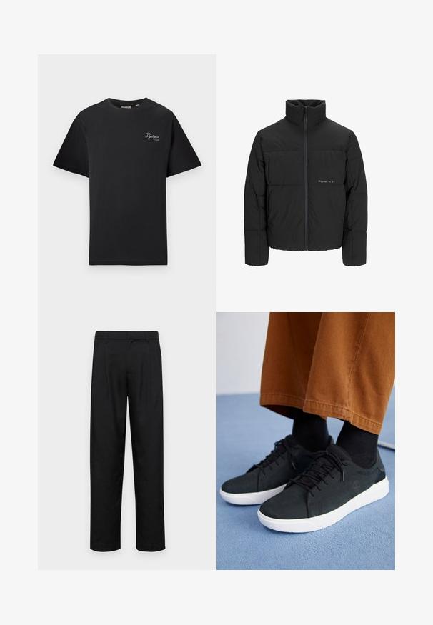 Czarna kurtka puchowa z wysokim kołnierzem, z przodu na zamek błyskawiczny i pikowanym wzorem. Gładki materiał z subtelnym logo na piersi.; Czarna koszulka z krótkim rękawem z małym białym, kursywnym napisem "Dystopia Sounds." na lewej piersi, okrągły dekolt, wyeksponowana na jednolitym jasnym tle.; Czarne spodnie wykonane z gładkiego materiału, z prostą nogawką, dwoma fałdami z przodu oraz standardowym paskiem z wypustkami na pasek.; Czarne zamszowe trampki z białymi gumowymi podeszwami, z wiązaniem, teksturowanymi akcentami i subtelnym logo, w połączeniu z brązowymi spodniami.