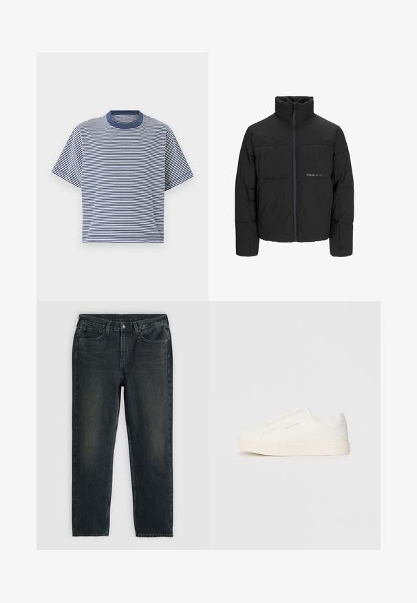 Musta puhvijakku, jossa on korkea kaulus, etuvetoketju ja tikattu muotoilu. Sileä kangas, jossa on hienovarainen logo rinnassa.; Sinine ja valge triibuline lühikeste varrukatega T-särk ümmarguse kaelusega ja lõdva istuvusega, valmistatud pehmest, kergest kangast.; Tummansinisiä farkkuja suoran lahkeen leikkauksella, viidellä taskulla, vetoketjukiinnityksellä ja kontrastivärisillä ompeleilla. Kankaan pinnassa on hieno haalistuminen.; Valkoiset liukusukat, joissa on teksturoitu pinta, paksu pohja ja minimalistikot. Sivulla on brändin logo.