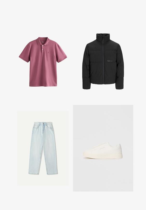 Musta puhvijakku, jossa on korkea kaulus, etuvetoketju ja tikattu muotoilu. Sileä kangas, jossa on hienovarainen logo rinnassa.; Pikämiehustopaita hillityssä luumun sävyssä, valmistettu kevyestä puuvillasta. Siinä on klassinen kaulus, kolme nappia, lyhyet hihat ja pieni kirjailtu logo.; Vaaleansiniset farkut, joissa on rento istuvuus, suora lahje, viisi taskua ja hillitty haalistuminen kankaassa.; Valkoiset liukusukat, joissa on teksturoitu pinta, paksu pohja ja minimalistikot. Sivulla on brändin logo.