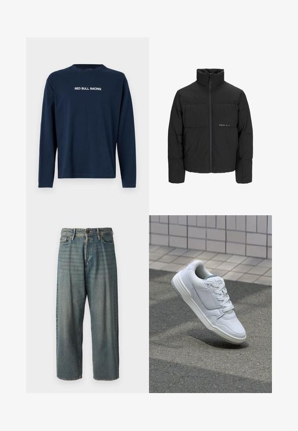 Crna puffer jakna s visokim ovratnikom, prednjim zatvaračem i kviltanim dizajnom. Glatka tkanina s suptilnim logotipom na prsima.; Mornarska majica s dugim rukavima od pamuka, s okruglim izrezom i natpisom "RED BULL RACING" u bijelom preko prsnog dijela.; Svijetloplave traperice s širokim krojem, srednjim pojasom i ravnim nogavicama. Ima pet džepova, petlje za remen i kopčanje na gumb.; Bijele kožne tenisice s perforiranim bočnim dijelovima, teksturiranim akcentima, ravnim vezicama i kontrastnim sivim petom. Imaju blago povišenu potplat.