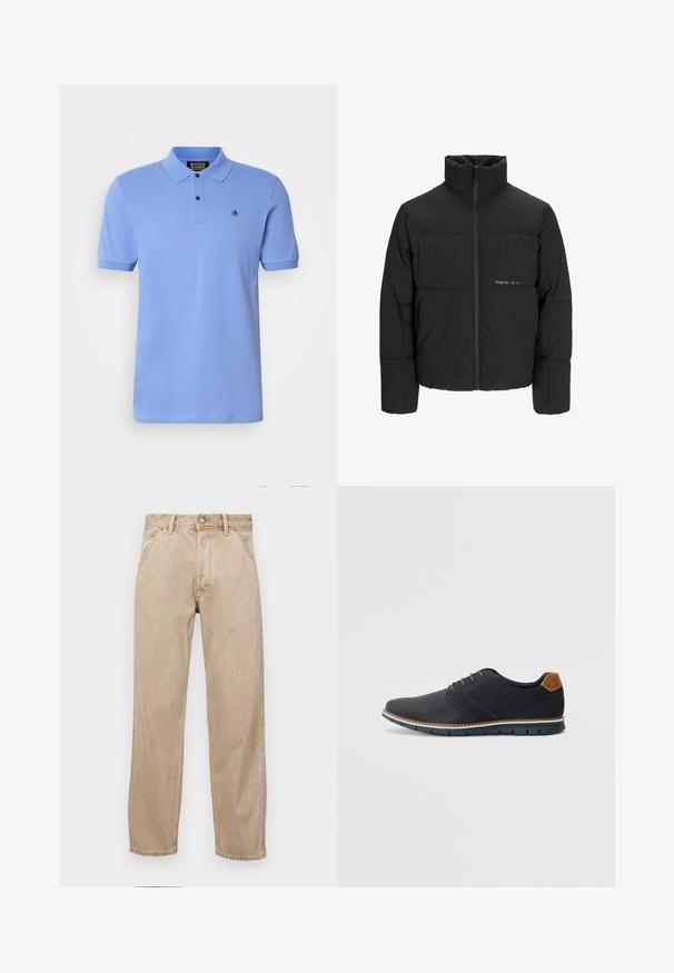 Svart puffjacka med hög krage, främre dragkedjestängning och quiltat mönster. Slätt tyg med en subtil logotyp på bröstet.; Ljusblå pikétröja i bomull med knappslå, korta ärmar, ribbad krage och en liten broderad logotyp på bröstet.; Beige denimjeans med rak passform, som har framfickor, metallknappstängning och subtil textur.; Svarta syntetiska skor med en strukturerad ovandel, släta detaljer, brun klack och en kontrasterande sula. Har minimal snörning och sömdetaljer.