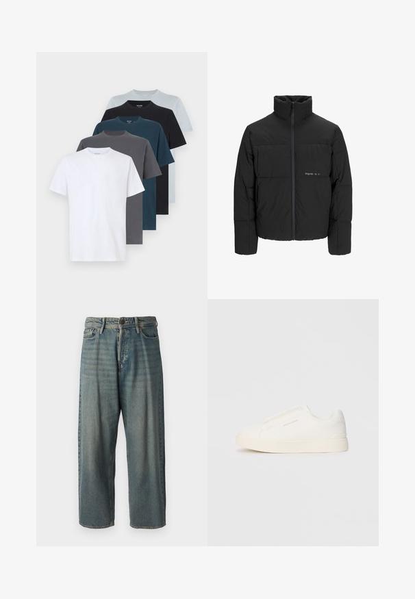 Melnā pūka jaka ar augstu apkakli, priekšējo rāvējslēdzēju un quilted dizainu. Gluda auduma virsma ar maigu logotipu uz krūšu daļas.; Komplektā seši apaļā kakla T-krekli dažādās krāsās: balta, gaiši zila, tumši pelēka, zaļganzila, tumši zila un melna. Mīksts kokvilnas audums ar īsām piedurknēm.; Gaiši zili džinsi ar brīvu piegriezumu, vidējo jostas augstumu un taisnām kājām. Satur piecas kabatas, jostas cilpas un pogu aizdari.; Baltas slip-on sporta apavi ar teksturētu virsmu, biezu zoli un minimālistisku dizainu. Sānos redzams zīmola logotips.