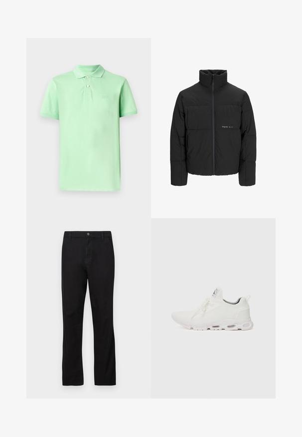 Mustra musta puffer-jakk, millel on kõrge krae, eesne tõmblukku ja tikandiga disain. Sile kangas, millel on rindkeres diskreetne logo.; Hele roheline polo särk, mis on valmistatud puuvillast, klassikalise krae, kolme nööbiga nööpindega ja vasakul rinnal tikitud brändi logoga.; Mustadest puuvillast pükstest, millel on sirge jala disain, nupuga kinnitamine, ees ja taga taskud ning sile tekstuur.; Valged sportijalatsid, millel on tekstuuriga kudum peal, lame paelad ja pehmendatud tallad nähtavate õhukambritega täiendava toe jaoks.