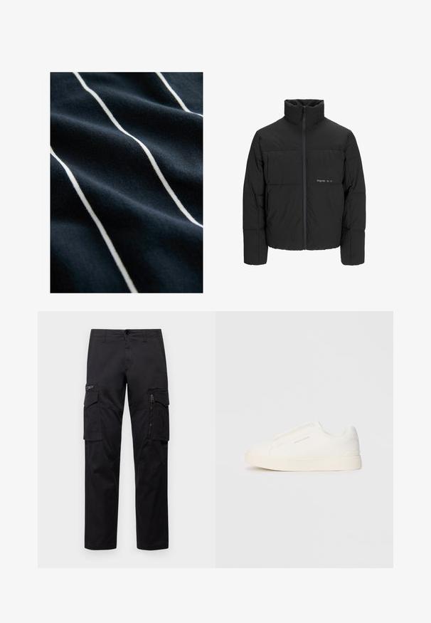 Zwarte pufferjas met een hoge kraag, ritssluiting aan de voorkant en een quilted design. Glad materiaal met een subtiel logo op de borst.; Navyblauwe stof met witte verticale strepen, met een gladde textuur en een lichte glans, die het gestreepte ontwerp benadrukt.; Zwarte cargobroek met meerdere zakken, een ritszak op de dij, rechte pasvorm en stevige katoen met een subtiele glans.; Witte instap sneakers met een gestructureerd oppervlak, een dikke zool en een minimalistisch ontwerp. Bevat het merklogo aan de zijkant.