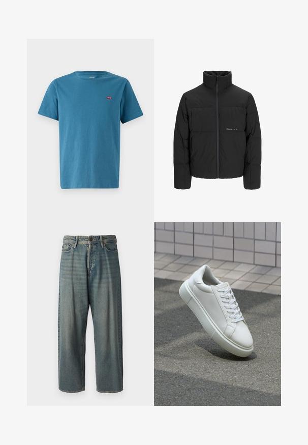 Black puffer jacket featuring a high collar, front zip closure, and quilted design. Smooth fabric with a subtle logo on the chest.; Short-sleeve blue cotton t-shirt with a round neck and a small red Levi's logo on the left chest. Smooth texture, classic fit.; Light blue denim jeans with a loose fit, mid-rise waist, and straight legs. Features five pockets, belt loops, and a button closure.; White leather sneaker with a smooth surface, round toe, and flat white laces. Features a textured rubber sole and minimal design elements.