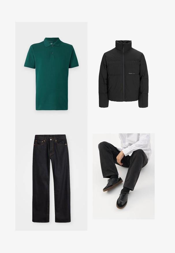 Doudoune noire avec un col haut, fermeture éclair sur le devant et design matelassé. Tissu lisse avec un logo subtil sur la poitrine.; Polo vert en coton. Doté d'un col classique, de manches courtes et de trois boutons au col. Texture lisse.; Jean en denim noir pour hommes, coupe droite, avec cinq poches et surpiqûres orange, fermeture par bouton et zip à la taille avant.; Sneakers noirs avec un dessus lisse et texturé, dotés d'une semelle en caoutchouc et de lacets sombres. Associés à un jean noir et une chemise blanche à rayures.