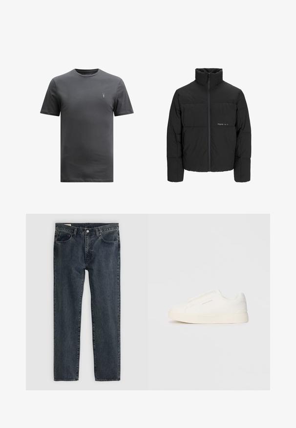 Juodas pūkinis švarkas su aukštu apykakle, priekiniais užtrauktukais ir kvadratinės siuvimo dizainu. Lygus audinys su subtiliu logotipu krūtinėje.; AllSaints BRACE CREW - Paprasti marškinėliai - CARTER GREY; Tamsiai mėlynos džinsinės kelnės su tiesioginiu kirpimu, penkiais kišenėmis ir mygtukų uždarymu. Audinys rodo subtilų išblukimą ir tekstūrą.; Baltos slip-on sportbačiai su tekstūruota paviršiumi, storesniu padu ir minimalistišku dizainu. Šone matosi prekės ženklo logotipas.