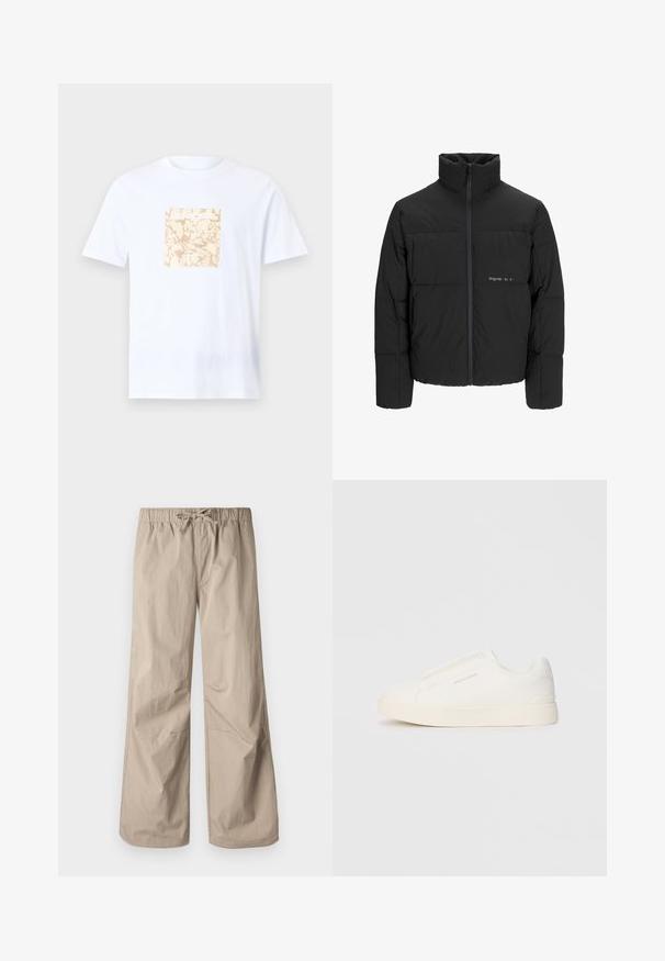 Svart boblejakke med høy krage, frontåpning med glidelås og kviltet design. Glatt stoff med en subtil logo på brystet.; Hvit bomulls t-skjorte med et firkantet beige grafikk med et teksturert mønster i midten. Korte ermer og rund hals.; Beige vide bukser med elastisk talje og snøre. Glat tekstur, to sidelommer og minimale syninger for en afslappet pasform.; Hvite slip-on joggesko med teksturert overflate, tykk såle og minimalistisk design. Har merkevarelogo på siden.
