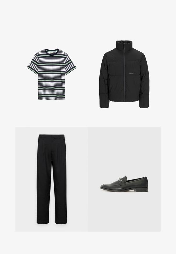 Zwarte pufferjas met een hoge kraag, ritssluiting aan de voorkant en een quilted design. Glad materiaal met een subtiel logo op de borst.; Gestreept T-shirt in marineblauw, wit en groen. Beschikt over een ronde halslijn, korte mouwen en afwisselende horizontale strepen over de stof.; Zwarte broeken van gladde stof, met een recht model, twee voorknikken en een standaard tailleband met riemlussen.; Zwarte leren instapper met een gladde afwerking, voorzien van een gestikt ontwerp en een decoratieve metalen kettingaccent over de wreef. Platte hak.