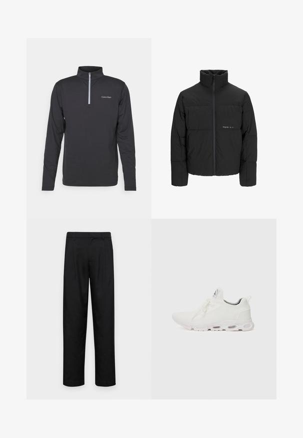 Juodas pūkinis švarkas su aukštu apykakle, priekiniais užtrauktukais ir kvadratinės siuvimo dizainu. Lygus audinys su subtiliu logotipu krūtinėje.; Juodas ilgomis rankovėmis megztinis su ketvirčio užtrauktuku. Yra logotipas kairėje krūtinės pusėje ir glotni, lengva medžiaga.; Juodi kelnių modeliai, pagaminti iš lygios medžiagos, turi tiesią kojas, du priekiniai klostės ir standartinę juosmenį su diržo kilpomis.; Baltos sportinės detalės batai su tekstūruotu megztu viršumi, plokščiais raišteliais ir paminkštintu padu, kuriame matomos oro kameros papildomam palaikymui.