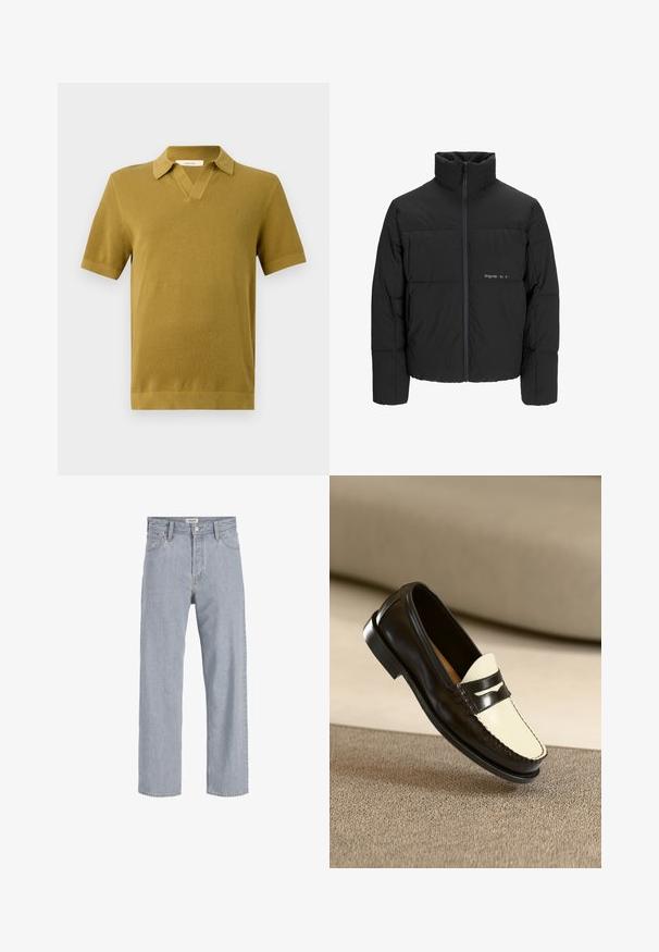 Svart boblejakke med høy krage, frontåpning med glidelås og kviltet design. Glatt stoff med en subtil logo på brystet.; Kortermet polo-skjorte i sennepsgul, med teksturert strikk, V-hals og ribbekanter ved ermer og nederkant.; Lyseblå denimbukser med avslappet passform, rett ben-design, synlige sømmer, to frontlommer og knappelukking.; Sorte skinnloafer med en kremfarget vamp og svarte aksentstriper, med lav hæl og detaljert søm langs kantene.