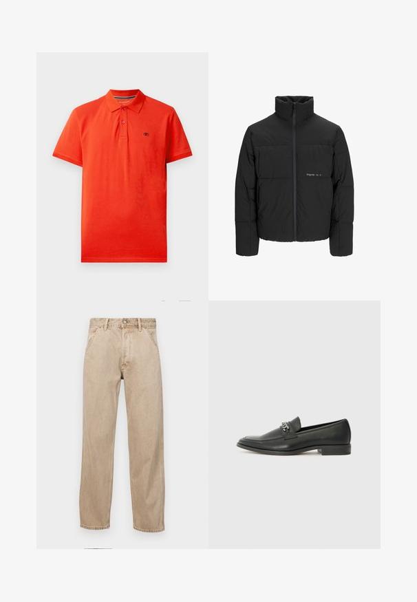 Svart puffjacka med hög krage, främre dragkedjestängning och quiltat mönster. Slätt tyg med en subtil logotyp på bröstet.; Röd polo t-shirt i bomull med krage, treknapplåning, korta ärmar och en liten logotyp på vänster bröst.; Beige denimjeans med rak passform, som har framfickor, metallknappstängning och subtil textur.; Svart läderloafers med en slät yta, med en sydd design och en dekorativ metallkedjeaccent över västen. Platt häldesign.