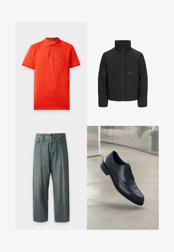 Crna puffer jakna s visokim ovratnikom, prednjim zatvaračem i kviltanim dizajnom. Glatka tkanina s suptilnim logotipom na prsima.; Crvena polo majica od pamuka, s ovratnikom, tri gumba na prednjem dijelu, kratkim rukavima i malim logotipom na lijevoj strani prsnog koša.; Svijetloplave traperice s širokim krojem, srednjim pojasom i ravnim nogavicama. Ima pet džepova, petlje za remen i kopčanje na gumb.; Sjajna crna kožna cipelica s vezicama, koja lebdi iznad glatkog, svijetlosive podloge i vertikalnih metalnih šipki u pozadini.