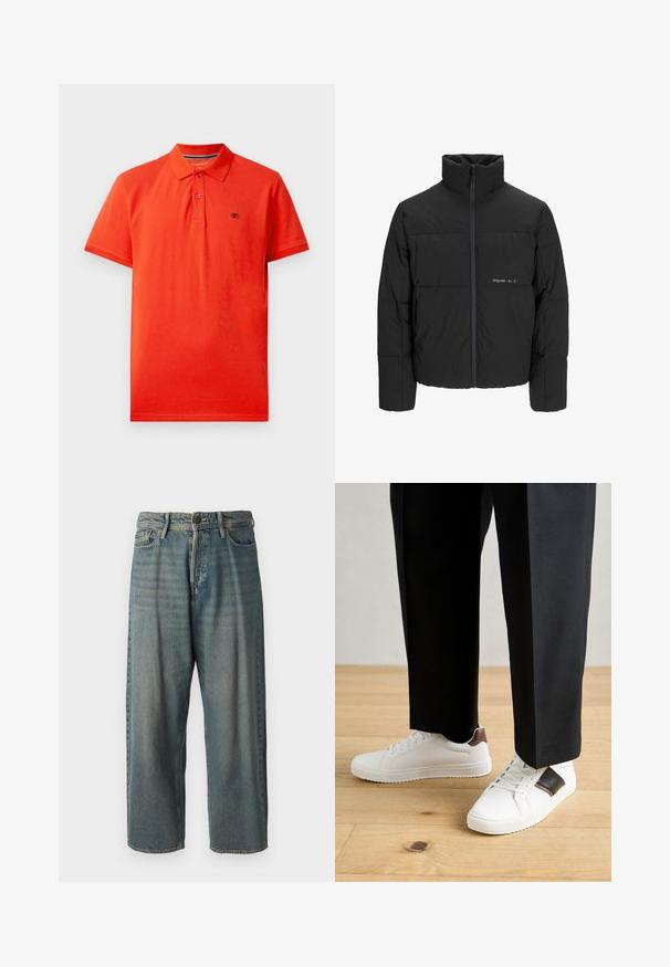 Čierna puffová bunda s vysokým golierom, predným zipsom a prešívaným dizajnom. Hladká tkanina s jemným logom na hrudi.; Červená polo košeľa vyrobená z bavlny, s golierom, trojcipým zapínaním na gombíky, krátkymi rukávmi a malým logom na ľavej hrudi.; Svetlomodré denimové nohavice so voľným strihom, stredne vysokým pásom a rovnými nohavicami. Obsahujú päť vreciek, pútka na opasok a zapínanie na gombík.; Biele tenisky s hladkým povrchom, s hnedými koženými akcentmi a čiernymi detailmi, spárované s čiernymi elegantnými nohavicami. Pozadím je drevená podlaha.