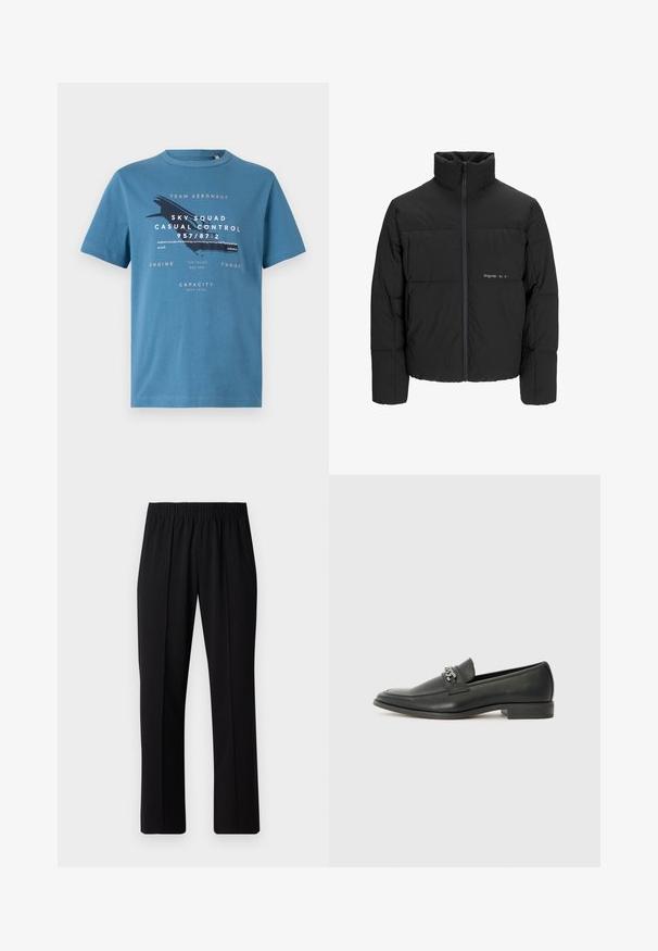 Black puffer jacket featuring a high collar, front zip closure, and quilted design. Smooth fabric with a subtle logo on the chest.; Blue cotton t-shirt with short sleeves, featuring graphic text and a plane design on the front. Crew neck and regular fit.; Black, elastic-waist trousers with a straight-leg design, featuring a smooth texture and no visible patterns or hardware.; Black leather loafer with a smooth finish, featuring a stitched design and a decorative metal chain accent across the vamp. Flat heel.