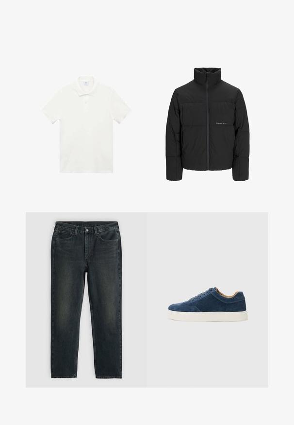 Musta puhvijakku, jossa on korkea kaulus, etuvetoketju ja tikattu muotoilu. Sileä kangas, jossa on hienovarainen logo rinnassa.; Valkoinen polo-paita, joka on valmistettu sileästä puuvillakankaasta. Paita on varustettu klassisella kauluksella, kolmella napilla ja lyhyillä hihoilla. Ilman kuvioita tai lisäkoristeita.; Tummansinisiä farkkuja suoran lahkeen leikkauksella, viidellä taskulla, vetoketjukiinnityksellä ja kontrastivärisillä ompeleilla. Kankaan pinnassa on hieno haalistuminen.; Sininen mokka lenkkari valkoisella kumipohjalla, nauhakiinnitys, pyöreä varvas ja kontrastinä tan sisus. Huomaamaton ompelutyö.