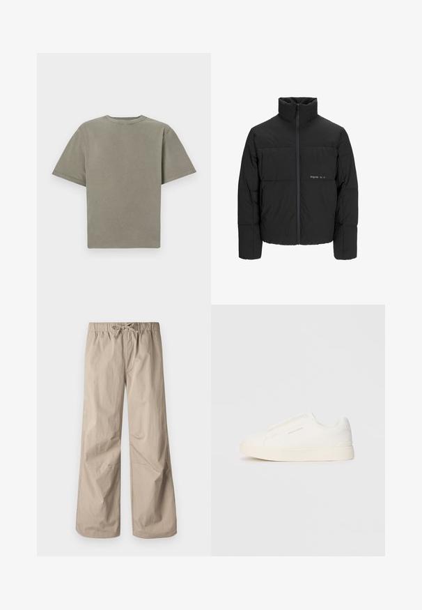 Black puffer jacket featuring a high collar, front zip closure, and quilted design. Smooth fabric with a subtle logo on the chest.; Short-sleeve, crew-neck t-shirt in a muted green color. Made from soft cotton with a smooth texture and clean edges. No visible logos or patterns.; Beige wide-leg pants with an elastic waistband and drawstring. Smooth texture, two side pockets, and minimal seams for a relaxed fit.; White slip-on sneakers with a textured surface, a thick sole, and minimalistic design. Features brand logo on the side.