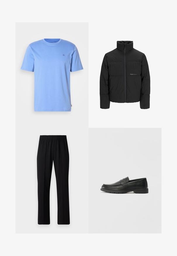 Jachetă puffer neagră, cu guler înalt, închidere cu fermoar pe față și design matlasat. Material neted cu un logo subtil pe piept.; Tricou din bumbac de culoare albastru deschis, cu guler rotund și mâneci scurte. Prezintă un mic logo brodat pe piept și etichetă pe lateral.; Pantaloni negri cu talie elastică, cu un design cu picioare drepte, având o textură netedă și fără modele sau accesorii vizibile.; Labeled cu oglindă din piele neagră cu un finisaj neted, partea superioară în stil mocasin, detalii cusute și o talpă din cauciuc. Design clasic cu un toc jos.