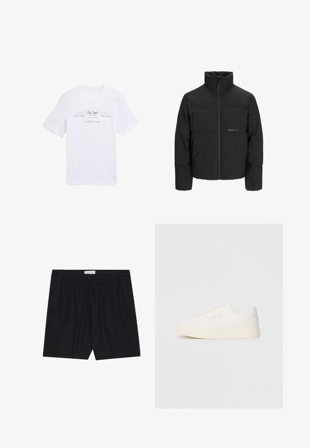 Melnā pūka jaka ar augstu apkakli, priekšējo rāvējslēdzēju un quilted dizainu. Gluda auduma virsma ar maigu logotipu uz krūšu daļas.; Balta kokvilnas T-krekls ar īsām piedurknēm. Uz priekšpuses ir zils teksts: "Sky Squad," "Tom Tailor," un "Since 1962," kā arī dažādi dizaini.; Melni, elastīgi šorti ar auklu viduklī, ar gludu tekstūru un taisnu griezumu, piemēroti ikdienas valkāšanai.; Baltas slip-on sporta apavi ar teksturētu virsmu, biezu zoli un minimālistisku dizainu. Sānos redzams zīmola logotips.