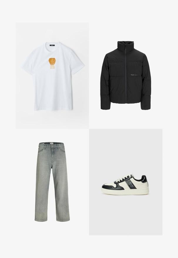 Black puffer jacket featuring a high collar, front zip closure, and quilted design. Smooth fabric with a subtle logo on the chest.; White short-sleeve t-shirt with gold Medusa head logo and "Versace Est. 1978 Milano" text centered on the chest.; Light gray, loose-fitting jeans made of denim. Features a classic five-pocket design, belt loops, and a straight leg silhouette.; Leather sneakers with a black and cream color scheme, featuring perforated accents, a padded collar, and a textured outsole.
