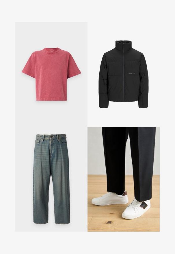 Černá péřová bunda s vysokým límcem, předním zipem a prošívaným designem. Hladká tkanina se subtilním logem na hrudi.; Červené bavlněné tričko s kulatým výstřihem, krátkými rukávy a volným střihem. Má měkký, mírně strukturovaný povrch.; Světle modré denimové džíny s volným střihem, středně vysokým pasem a rovnými nohavicemi. Obsahují pět kapes, poutka na opasek a zapínání na knoflík.; Bílé tenisky s hladkým povrchem, s hnědými koženými akcenty a černými detaily, kombinované s černými kalhotami na míru. Pozadí tvoří dřevěná podlaha.
