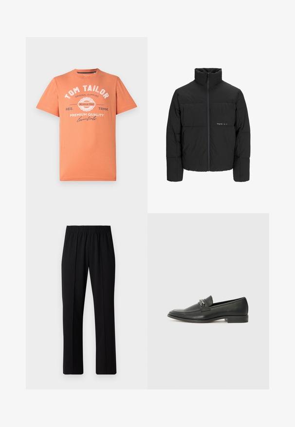 Black puffer jacket featuring a high collar, front zip closure, and quilted design. Smooth fabric with a subtle logo on the chest.; Short-sleeve T-shirt in coral orange with round neckline. Features white graphic text and logo detailing on the front. Cotton material.; Black, elastic-waist trousers with a straight-leg design, featuring a smooth texture and no visible patterns or hardware.; Black leather loafer with a smooth finish, featuring a stitched design and a decorative metal chain accent across the vamp. Flat heel.