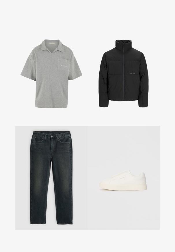 Fekete puff dzseki magas gallérral, elülső cipzárral és steppelt kialakítással. Simaságú anyag, finom logóval a mellkason.; Szürke, rövid ujjú pólóing texturált anyagból, gallérral, elülső zsebbel és diszkrét logó hímzéssel a zseben.; Sötétkék farmernadrág, egyenes fazonnal, ött zsebbel, cipzáras sliccel és kontrasztos varrással. A szövet enyhe kopása.; Fehér slip-on sportcipők texturált felülettel, vastag talppal és minimalista dizájnnal. Az oldalon a márka logója található.