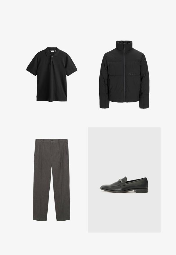 Musta puhvijakku, jossa on korkea kaulus, etuvetoketju ja tikattu muotoilu. Sileä kangas, jossa on hienovarainen logo rinnassa.; Musta puuvillainen poolopaita, jossa on lyhyet hihat, kolmen napin läppä ja hillitty logo rinnassa. Klassinen leikkaus ja yksinkertainen muotoilu.; Harmaat, räätälöidyt housut, jotka on valmistettu teksturoidusta kankaasta. Ominaisuuksiin kuuluu napituskitti, kaksi etutaskua ja suora lahkeiden malli.; Musta nahkakengät, joissa on sileä pinta, koristeelliset ompeleet ja metalliketjun yksityiskohta kengän päällä. Littee korko.