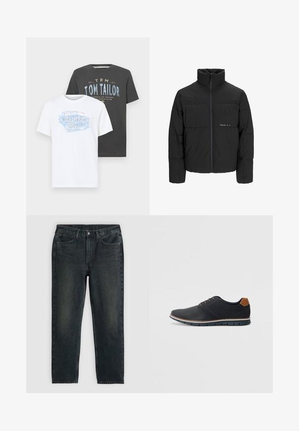 Chaqueta acolchada negra con un alto cuello, cierre frontal de cremallera y diseño acolchado. Tejido suave con un logo sutil en el pecho.; Dos camisetas de algodón: una blanca con texto gráfico azul y naranja, y una gris oscuro con texto azul y blanco, ambas de manga corta.; Jeans de mezclilla negros con corte recto, diseño de cinco bolsillos y detalles de desgaste sutil. Cuenta con un cierre de botón y cremallera.; Zapatos sintéticos negros con un upper texturizado, acentos lisos, tacón marrón y una suela en contraste. Presenta un cordón mínimo y detalles de costura.