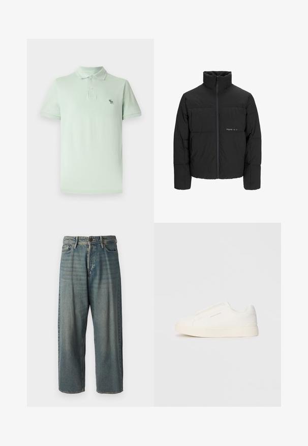 Crna puffer jakna s visokim ovratnikom, prednjim zatvaračem i kviltanim dizajnom. Glatka tkanina s suptilnim logotipom na prsima.; Svijetlozelena polo majica od pamuka, s dugmetima, kratkim rukavima i malim izvezenim logotipom na lijevoj strani prsiju.; Svijetloplave traperice s širokim krojem, srednjim pojasom i ravnim nogavicama. Ima pet džepova, petlje za remen i kopčanje na gumb.; Bijele slip-on tenisice s teksturiranom površinom, debelim đonom i minimalističkim dizajnom. Sadrže logo branda sa strane.