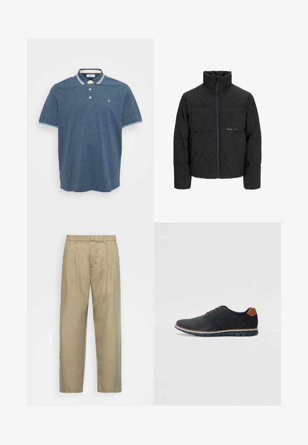 Sort dunjakke med høj krave, frontlynlås og quiltet design. Glat materiale med en diskret logo på brystet.; Herre blå kortærmet polo skjorte med hvid og lyseblå stribede krave og ærmekanter, tre frontknapper og lille logo på brystet.; Beige, højtsiddende bukser med lige snit, med flad forkant, sidelommer og et glat, tekstureret stof.; Sorte syntetiske sko med en tekstureret overdel, glatte accenter, brun hæl og en kontrasterende sål. Har minimale snørebånd og syningsdetaljer.