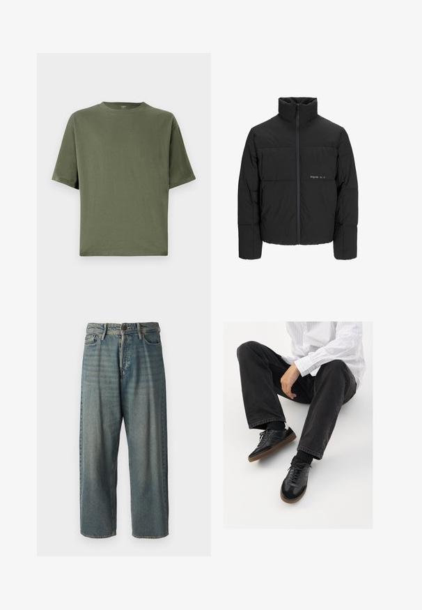 Jachetă puffer neagră, cu guler înalt, închidere cu fermoar pe față și design matlasat. Material neted cu un logo subtil pe piept.; Tricou scurt cu mânecă scurtă de culoare verde măslin, fabricat din bumbac, având un guler rotund și o croială lejeră. Textură netedă, fără modele sau accente suplimentare.; Jeans din denim bleu deschis, cu o croială lejeră, talie medie și picioare drepte. Au cinci buzunare, bucle pentru curea și închidere cu nasture.; Adidași negri cu un model neted și texturat, având o talpă din cauciuc și șireturi închise la culoare. Asortați cu blugi negri și o cămașă albă cu dungi.