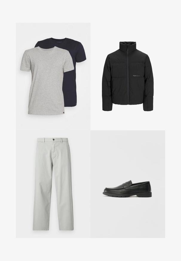 Juodas pūkinis švarkas su aukštu apykakle, priekiniais užtrauktukais ir kvadratinės siuvimo dizainu. Lygus audinys su subtiliu logotipu krūtinėje.; Du kelių kaklų marškiniai: vieni šviesiai pilki, kiti tamsiai mėlyni. Abu trumpomis rankovėmis, pagaminti iš medvilnės, su lygiu paviršiumi ir standardiniu stiprumu.; Šviesiai pilki, tiesių kojų kelnės, pagamintos iš lygios, audinės medžiagos. Su priekine mygtukų uždarymo sistema ir šoniniais kišenėmis. Minimalistinis stilius.; Juodai odiniai loaferiai su sklandžiu paviršiumi, mokasino stiliaus viršus, siuvinėjimu ir guminėmis padangomis. Klasikinis dizainas su žemu kulnu.