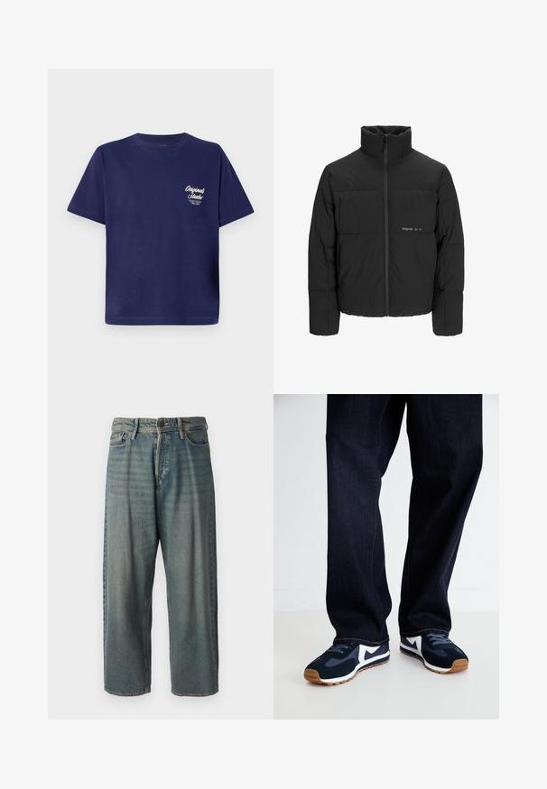 Črni pufast plašč z visokim ovratnikom, sprednjim zadrgo in prešitjem. Gladka tkanina z diskretnim logotipom na prsih.; Temno modra bombažna majica s kratkimi rokavi, okrogel izrez in majhna bela grafika na sprednji levi strani. Preprost dizajn v eni barvi.; Svetlomoderne kavbojke z ohlapnim krojem, srednjim pasom in ravnimi nogami. Imajo pet žepov, zanke za pas in zapiranje na gumb.; Mornarsko modri in beli športni čevlji z teksturiranim zgornjim delom, vezalkami in gumijastim podplatom, v kombinaciji s temno denim hlačami z oranžnim šivom.
