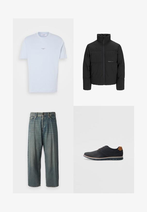 Melnā pūka jaka ar augstu apkakli, priekšējo rāvējslēdzēju un quilted dizainu. Gluda auduma virsma ar maigu logotipu uz krūšu daļas.; Gaiši zila kokvilnas T-kreklu ar apaļu kakla izgriezumu, īsām piedurknēm un mazu balto "Marc O'Polo DENIM" logotipu uz krūtīm. Mīksta, gluda tekstūra.; Gaiši zili džinsi ar brīvu piegriezumu, vidējo jostas augstumu un taisnām kājām. Satur piecas kabatas, jostas cilpas un pogu aizdari.; Melni sintētiskie apavi ar struktūru augšdaļā, gludu akcentu, brūnu papēdi un kontrastējošu zoli. Iezīmē minimālu šņorēšanu un šuvju detaļas.