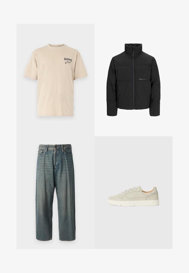 Svart boblejakke med høy krage, frontåpning med glidelås og kviltet design. Glatt stoff med en subtil logo på brystet.; Beige kortermet t-skjorte laget av bomull. Har et grafisk trykk på venstre bryst med teksten "ALABAMA Rodeo" og et stjerneikon.; Lyseblå denimjeans med løs passform, midjehøyde og rette ben. Har fem lommer, beltehemper og knappelukking.; Lys grå lærersneaker med flate lisser, perforerte detaljer og en teksturert gummisåle. Enkelt design med en myk innerforing.