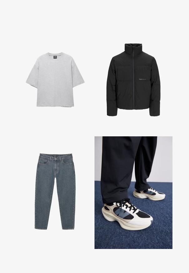Črni pufast plašč z visokim ovratnikom, sprednjim zadrgo in prešitjem. Gladka tkanina z diskretnim logotipom na prsih.; Svetlo siva oversize majica iz mešanice bombaža, z okroglim izrezom in kratkimi, širokimi rokavi. Preprost dizajn, brez vzorcev.; Temno modri traper hlače z sproščenim krojem, petimi žepi, gumbom za zapiranje in rahlo strganim robom. Trpežen material z rahlo teksturo.; Bela in črna športna obutev z teksturiranimi detajli in modrim poudarkom, z robustnim podplatom in črnimi vezalkami, v kombinaciji s črnimi hlačami.