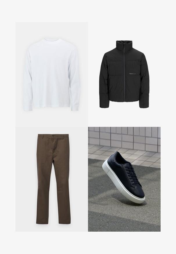 Chaqueta acolchada negra con un alto cuello, cierre frontal de cremallera y diseño acolchado. Tejido suave con un logo sutil en el pecho.; Camiseta de manga larga blanca de algodón, con cuello redondo y dobladillo recto. Textura suave, diseño simple sin patrones ni acentos.; Pantalones de algodón marrón con un diseño de pierna recta, que cuentan con cierre de botón y trabillas para cinturón, textura suave sin patrones ni acentos.; Zapatilla de cuero negro con punta redonda y suela de goma blanca. Presenta cordones planos y un mínimo de costuras en la parte superior. Suela texturizada para proporcionar agarre.