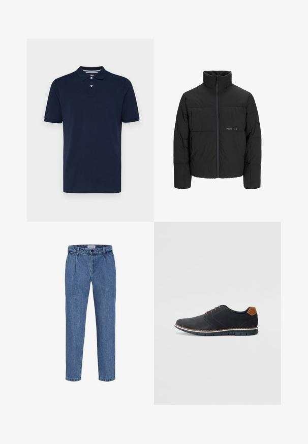 Mustra musta puffer-jakk, millel on kõrge krae, eesne tõmblukku ja tikandiga disain. Sile kangas, millel on rindkeres diskreetne logo.; Tumed sinise lühikese varrukaga polo särk, valmistatud puuvillast, millel on kraega kaelus kolmes nupuga ja peened horisontaalribalised kaeluses.; Heledad sinine teksapüksid, millel on mugav lõige, kõrge vööline, kaks esist lõhikuga ja mansetiga allservas. Lihtne nupp ja lukuga sulgemine.; Mustavad sünteetilised jalatsid tekstureeritud pealsega, siledad aktsendid, pruun kand ja kontrastne tall. Omab minimaalset lukkude ja õmbluste dekoratsiooni.