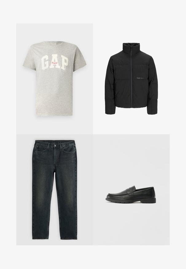 Sort dunjakke med høj krave, frontlynlås og quiltet design. Glat materiale med en diskret logo på brystet.; Grå bomulds t-shirt med korte ærmer og rund halsudskæring. Har stort hvidt "GAP" logo og rødt "Original" tekst. Blød tekstur, afslappet design.; Mørkeblå denimjeans med lige ben, der har fem lommer, lynlås og kontrasterende syninger. Diskret falming på stoffet.; Sorte læderslippers med en glat finish, mokkasin-stil overdel, syninger og gummisål. Klassisk design med en lav hæl.