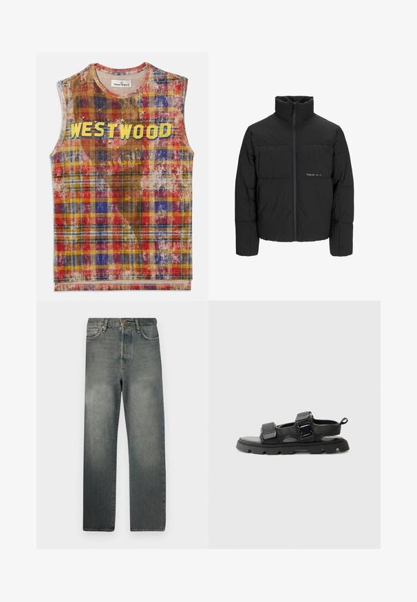 Black puffer jacket featuring a high collar, front zip closure, and quilted design. Smooth fabric with a subtle logo on the chest.; Sleeveless plaid top with red, blue, yellow, and brown tones, featuring the word "WESTWOOD" in bold yellow letters across the chest with star accents.; Jack & Jones JJIALEX JJCOOPER - Baggy Jeans - black denim; Black sandals with a textured fabric upper, wide straps, metal buckle accents, and a thick rubber sole featuring a lug pattern.