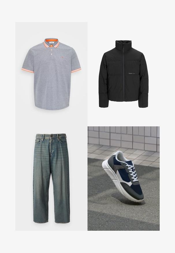Mustra musta puffer-jakk, millel on kõrge krae, eesne tõmblukku ja tikandiga disain. Sile kangas, millel on rindkeres diskreetne logo.; Hallide hallitatud puuvillane hall polo särk, millel on tekstuuriga viimistlus, kaeluse ja varrukate oranžid aktsendid. Kolme nupuga klapp.; Heledad sinine denim-stiilis teksad, volüümse lõike, keskmise kõrgusega talje ja sirgete säärega. Omab viit taskut, vöökumme ja nööpide sulgemist.; Sneaker, mille sinine võrkkangas, hallid nubukdetailid, valge kummitald ja lamedad valged paelad, disainitud mugavuseks ja hingavuseks.