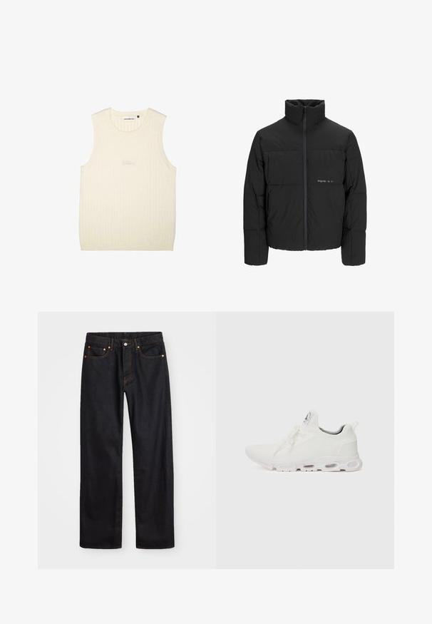 Črni pufast plašč z visokim ovratnikom, sprednjim zadrgo in prešitjem. Gladka tkanina z diskretnim logotipom na prsih.; Kremna brezrokavnik izdelana iz rebraste tkanine, z okroglim izrezom in subtilnim vezenim logotipom na sprednji strani.; Moške črne kavbojke ravnega kroja z petimi žepi in oranžnim šivanjem, z gumbom in zadrgo na sprednjem pasu.; Bela atletska obuća z značilnom pletenom gornjom stranom, ravnim vezicama i podlogom s jastučićem koja ima vidljive zračne komore za dodatnu potporu.
