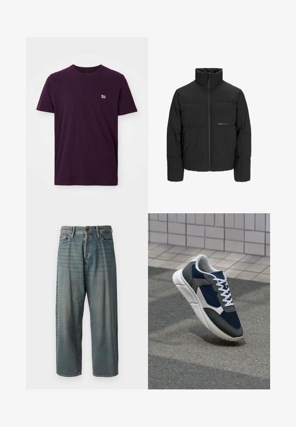 Svart boblejakke med høy krage, frontåpning med glidelås og kviltet design. Glatt stoff med en subtil logo på brystet.; Mørk lilla bomulls t-skjorte med korte ermer, rund hals, og liten hvit logo på venstre bryst. Myk, glatt tekstur.; Lyseblå denimjeans med løs passform, midjehøyde og rette ben. Har fem lommer, beltehemper og knappelukking.; Sneakers med en navy blå mesh-overdel, grå sømværk, hvit gummisåle og flate hvite snører, designet for komfort og pusteevne.
