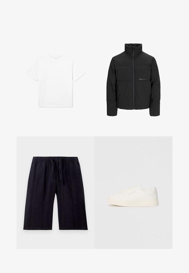 Mustra musta puffer-jakk, millel on kõrge krae, eesne tõmblukku ja tikandiga disain. Sile kangas, millel on rindkeres diskreetne logo.; Valge puuvillane T-särk, millel on lühikesed varrukad, ümar kaelus ja sirge äär. Sile tekstuur, ilma nähtavate mustrite või aksessuaarideta.; Mustad, põlvepikkused lühikesed püksid on valmistatud kergetest kangast. Omavad elastset vööd, millel on nöör ja sile tekstuur. Lihtne disain.; Valged libisemiskindlad tossud tekstuuriga pinnaga, paksu tallaga ja minimalistikus disainis. Küljel on brändi logo.