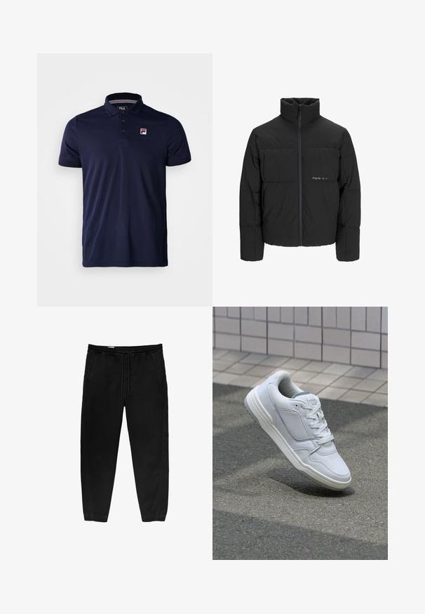 Fekete puff dzseki magas gallérral, elülső cipzárral és steppelt kialakítással. Simaságú anyag, finom logóval a mellkason.; Sötétkék pólóing sima anyagból, három gombos légzőnyílással, bordázott gallérral, és egy kis FILA logóval a bal mellrészen.; Fekete, rugalmas derékpántos nadrág, zsinóros megkötéssel, tapered lábakkal, oldalsó zsebekkel és diszkrét oldalsó varrási részletekkel. Puha pamut anyagtextúra.; Fehér bőr sneaker perforált oldalakkal, texturált részletekkel, lapos fűzőkkel és kontrasztos szürke sarokkal. Enyhén megemelt talppal rendelkezik.