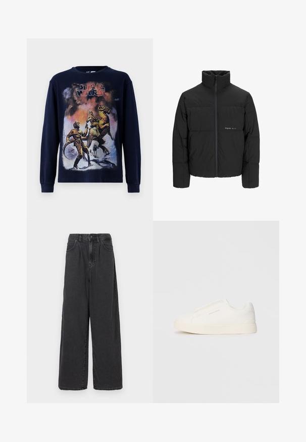 Schwarze Pufferjacke mit hohem Kragen, Front-Reißverschluss und gestepptem Design. Glattes Material mit dezentem Logo auf der Brust.; Marinefarbendes Langarm-T-Shirt mit einer Vintage-Star-Wars-Grafikillustration, die Charaktere und ein Wesen in einer verschneiten Landschaft zeigt.; Weite, hoch geschnittene schwarze Jeanshose mit einem Frontknopf und Reißverschluss, ausgestattet mit seitlichen Taschen und einer glatten Textur.; Weiße Slip-On-Sneaker mit einer strukturierten Oberfläche, dicker Sohle und minimalistischem Design. Mit Logo der Marke an der Seite.